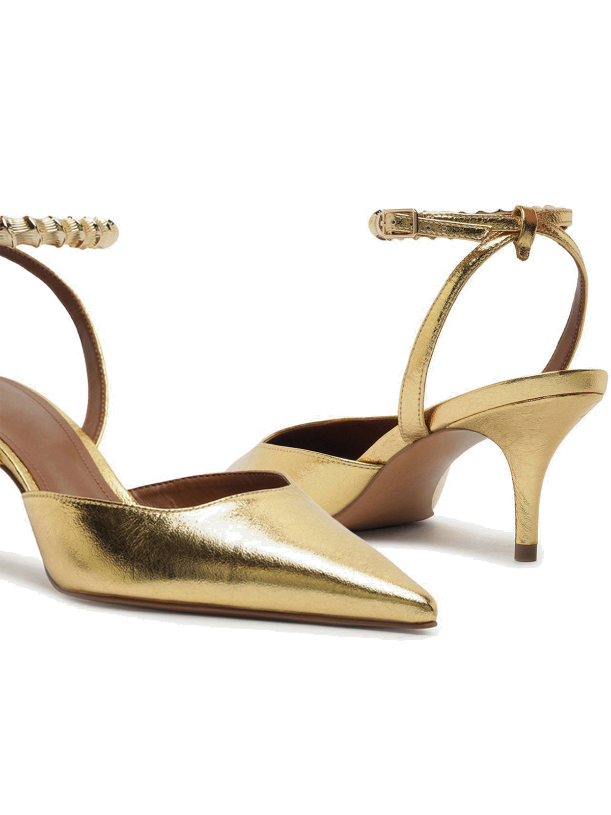 Metallic Gold Pointed-Toe Chic Slingback And Buckle Ankle Strap Kitten Heels