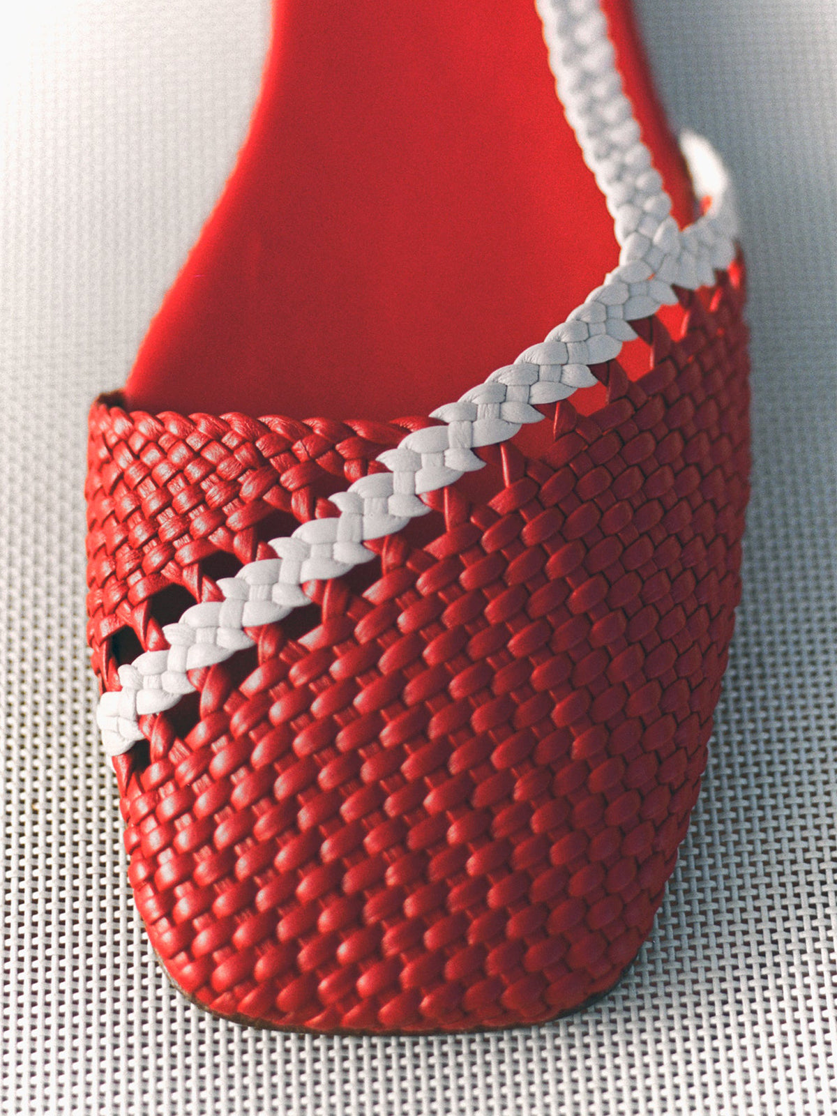 Red And Ivory Woven Vegan Leather Square-Toe Back Strap Sandals Flats