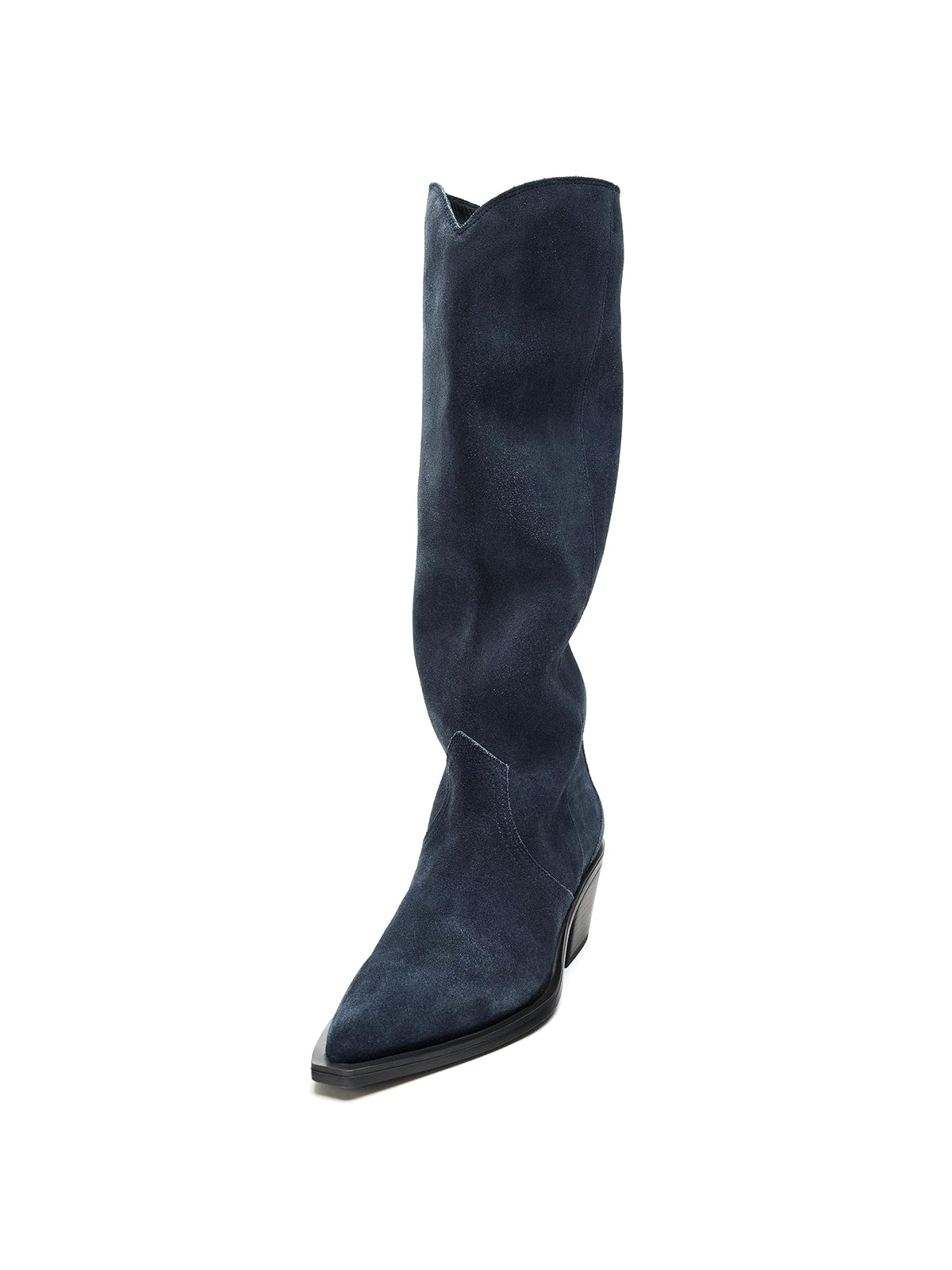 Dark Blue Faux Suede Pointed-Toe Sleek Wide Calf Chic Knee High Cowgirl Boots