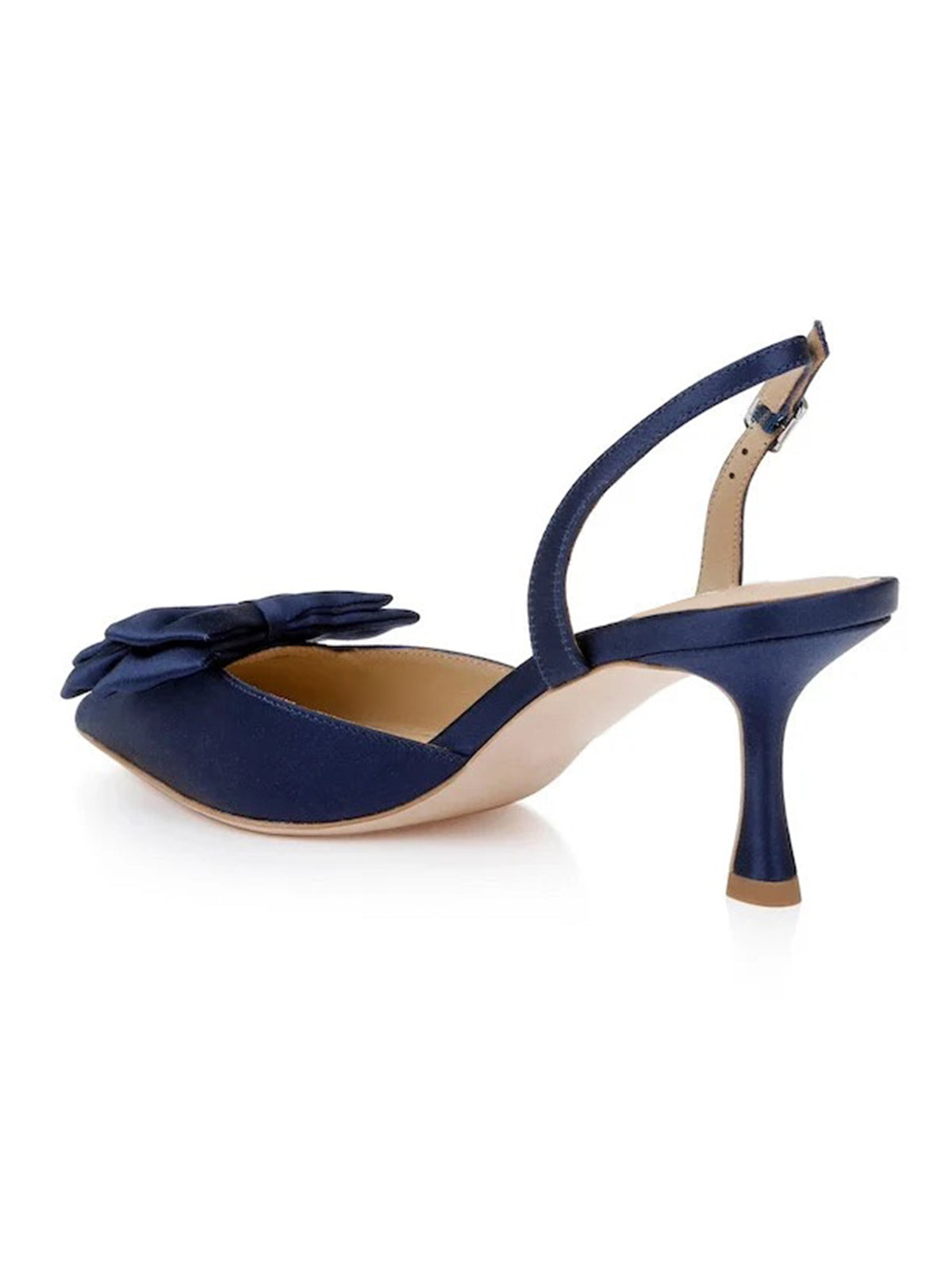 Dark Blue Satin Pointed-Toe Front Double Bows Slingback High Heels