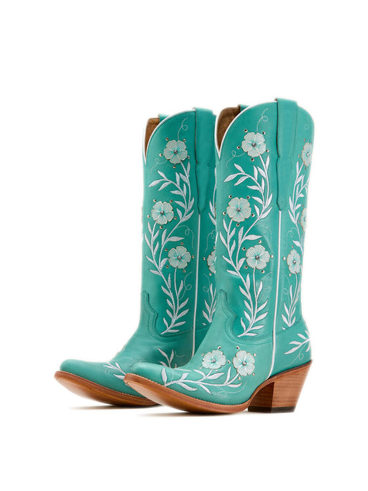 Turquoise Almond-Toe Flower Applique With Studs Mid Calf Embroidery Cowgirl Boots