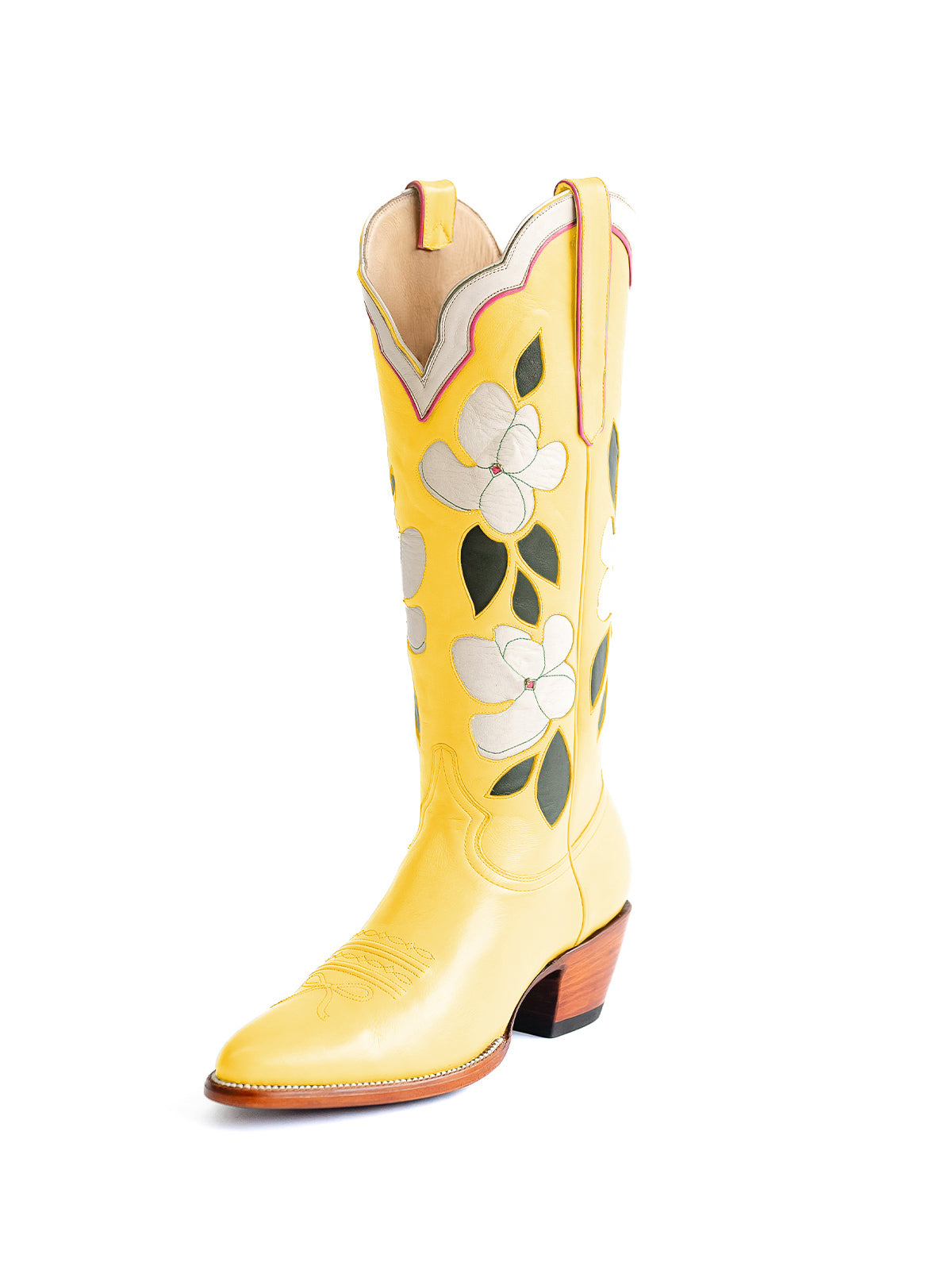 Yellow Almond-Toe White Flower Inlay Wide Calf Knee High Cowgirl Boots