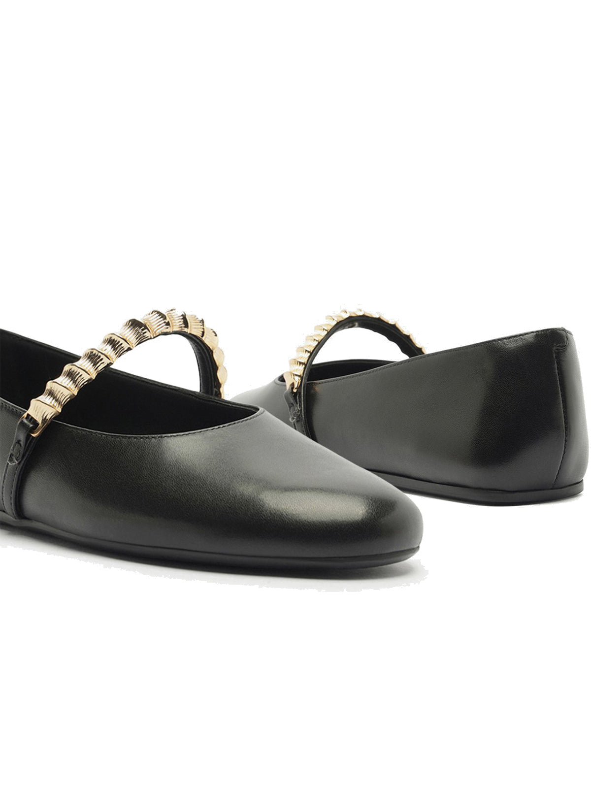 Black Round-Toe Metal Bridge Strap Chic Flats