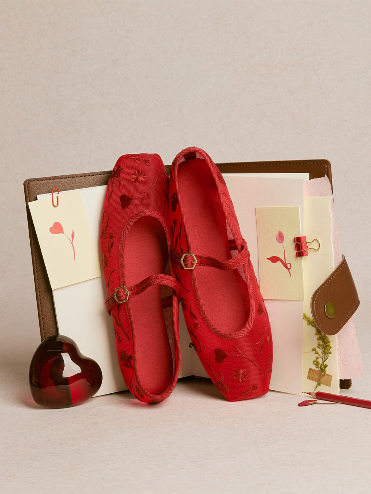 Mesh And Satin Square-Toe Floral Embroidery Mary Jane Flats - Red