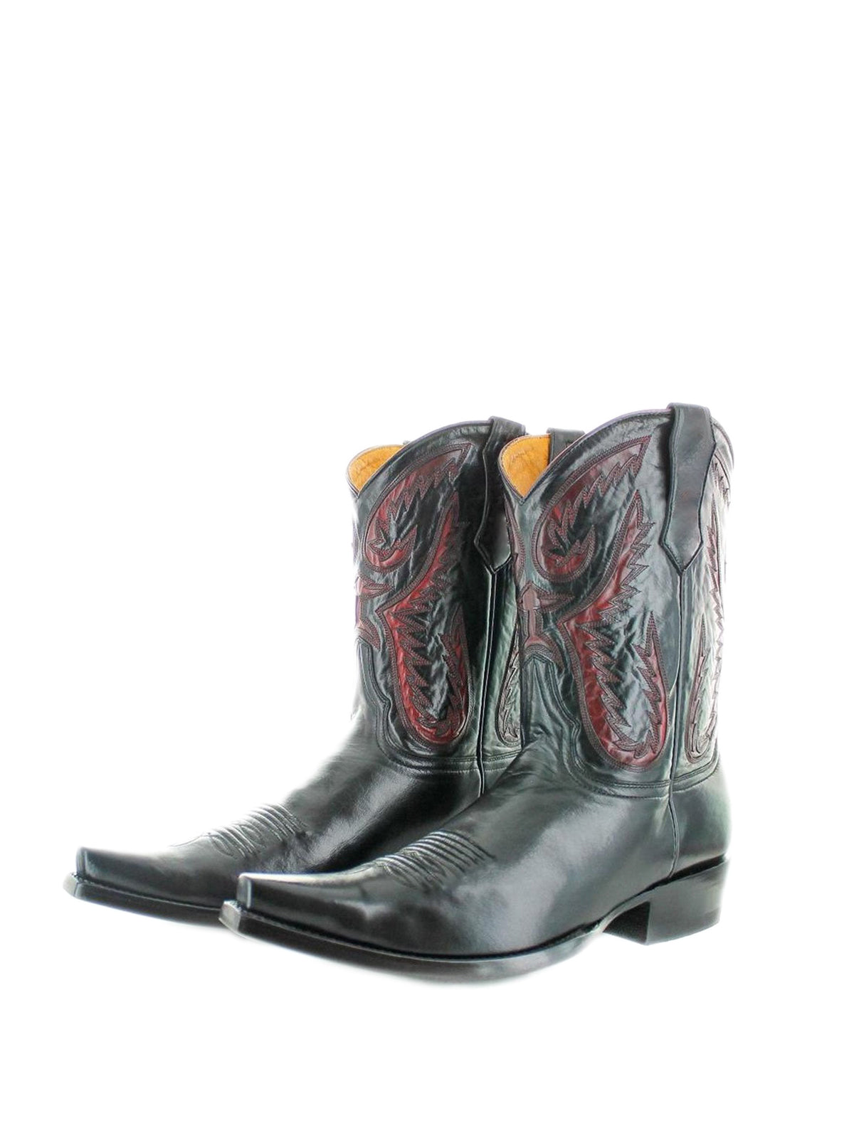 Black Snip-Toe Embroidery Inlay Mid Calf Cowgirl Boots