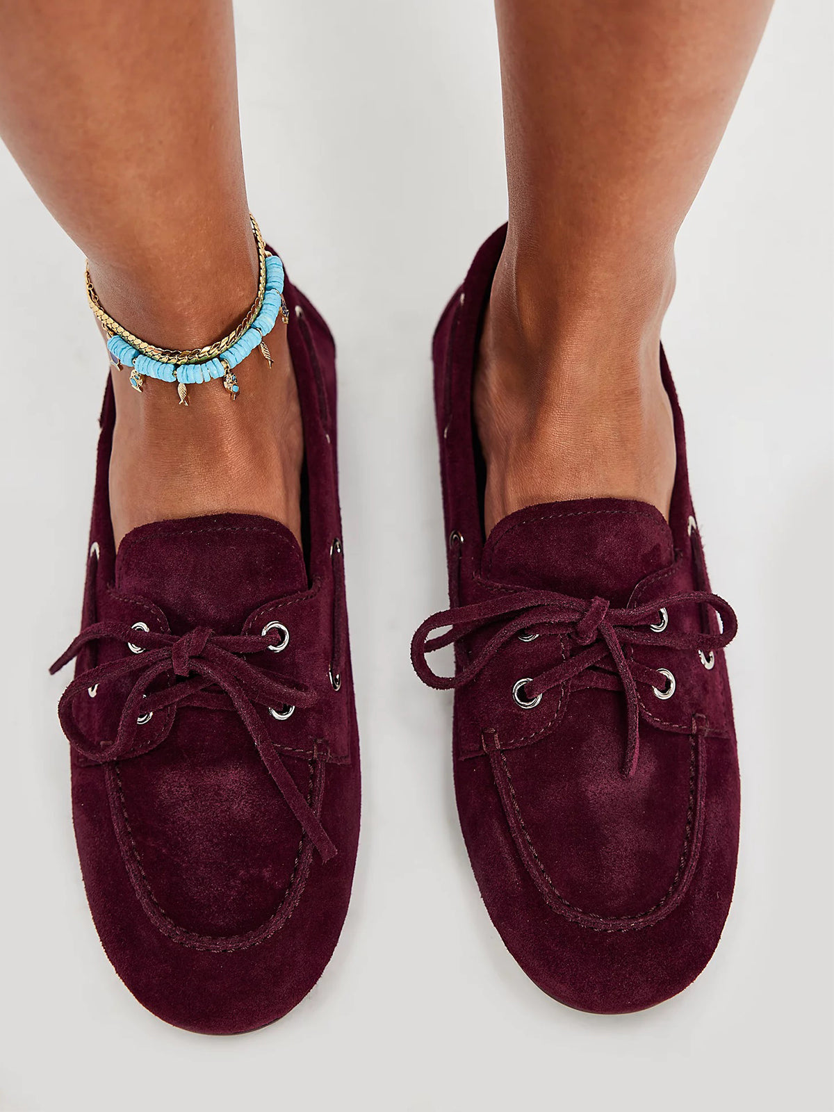 Wine Red Faux Suede Round-Toe Lace-Up Boat Shoes Flats