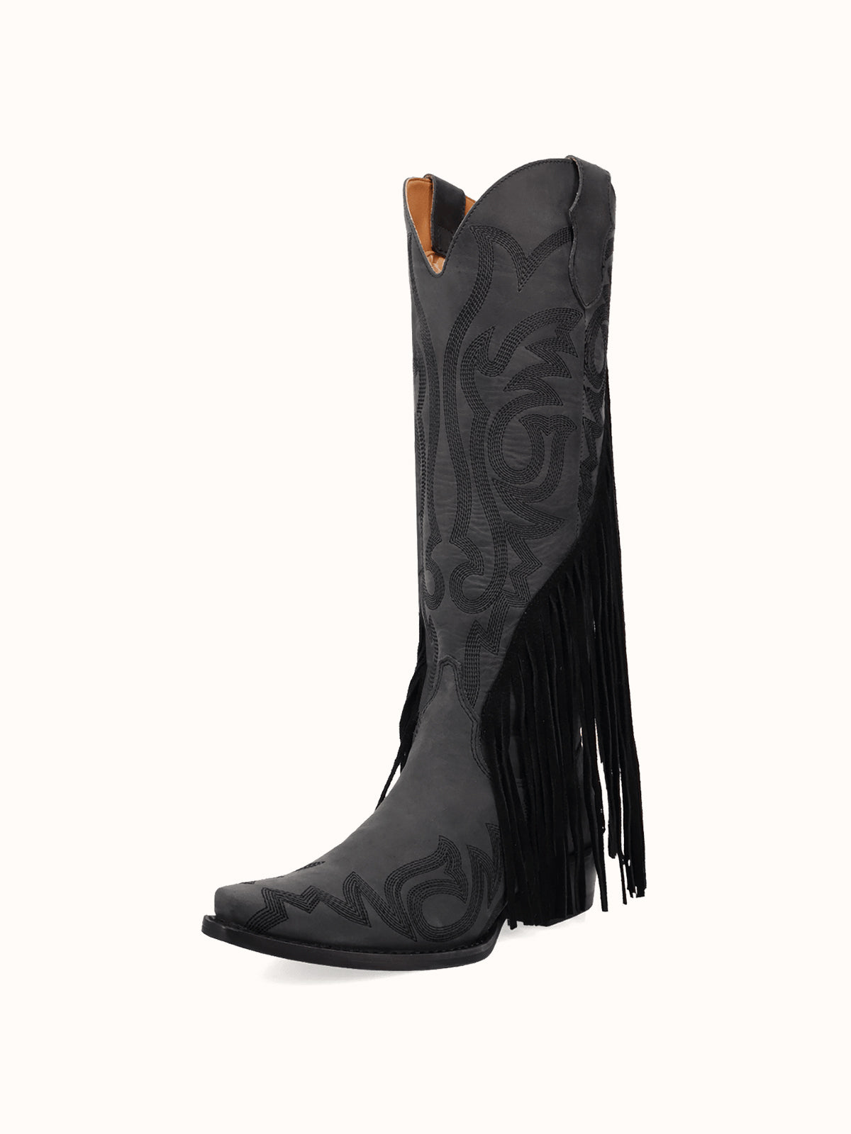 Black Snip-Toe Faux Suede Side Fringe Embroidery Wide Calf Knee High Cowgirl Boots