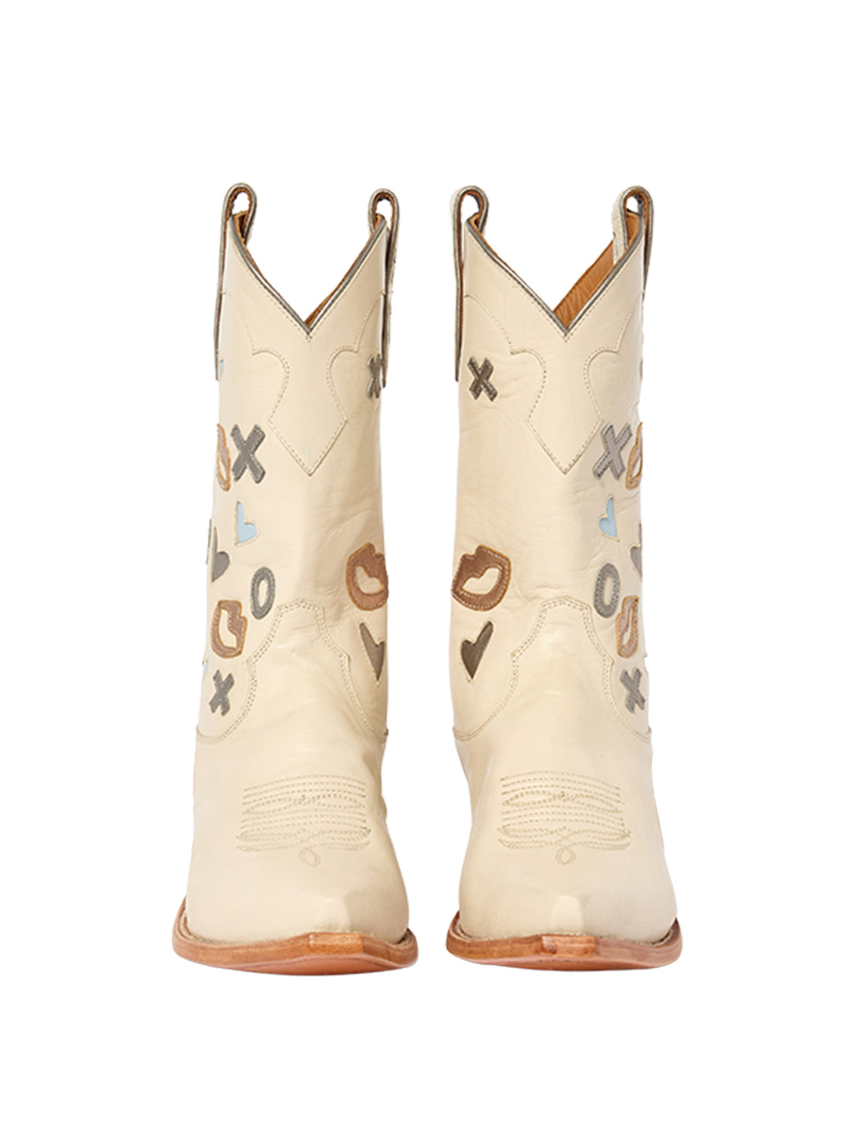 Cream Snip-Toe Mid Calf Cowgirl Boots With Inlays And Appliques