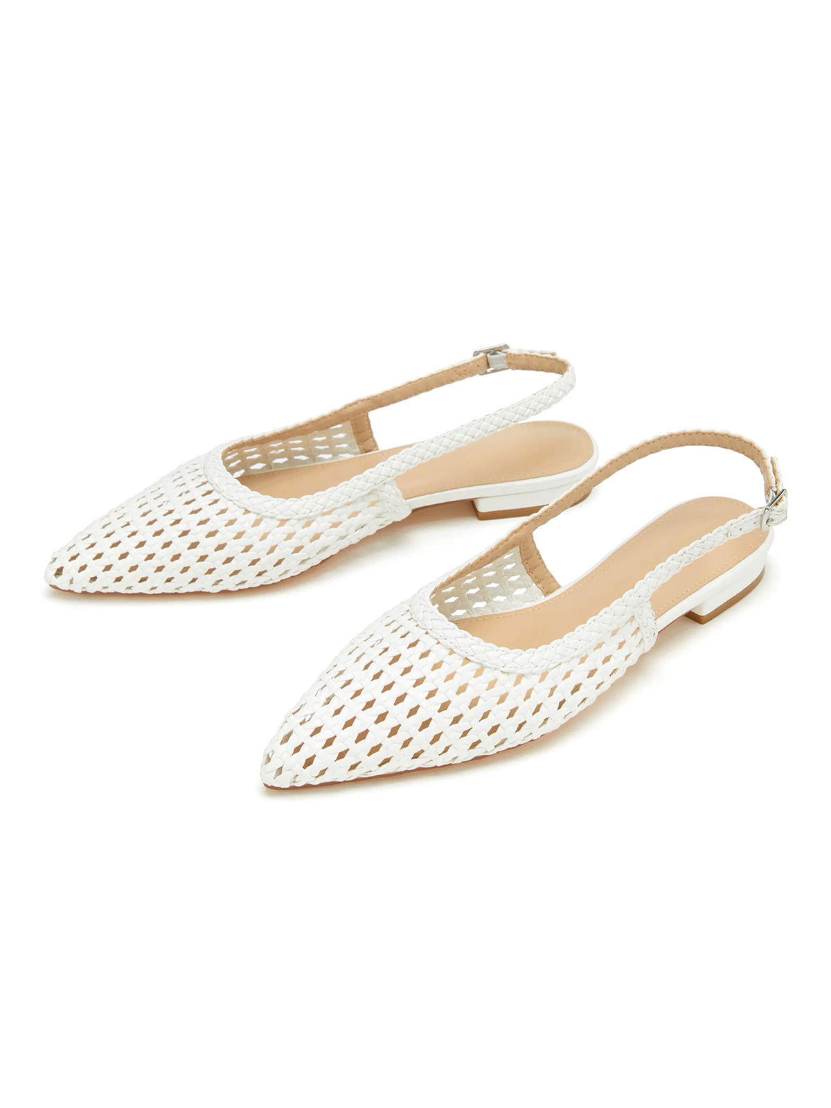 White Woven Vegan Leather Pointed-Toe Classic Back Strap Flats