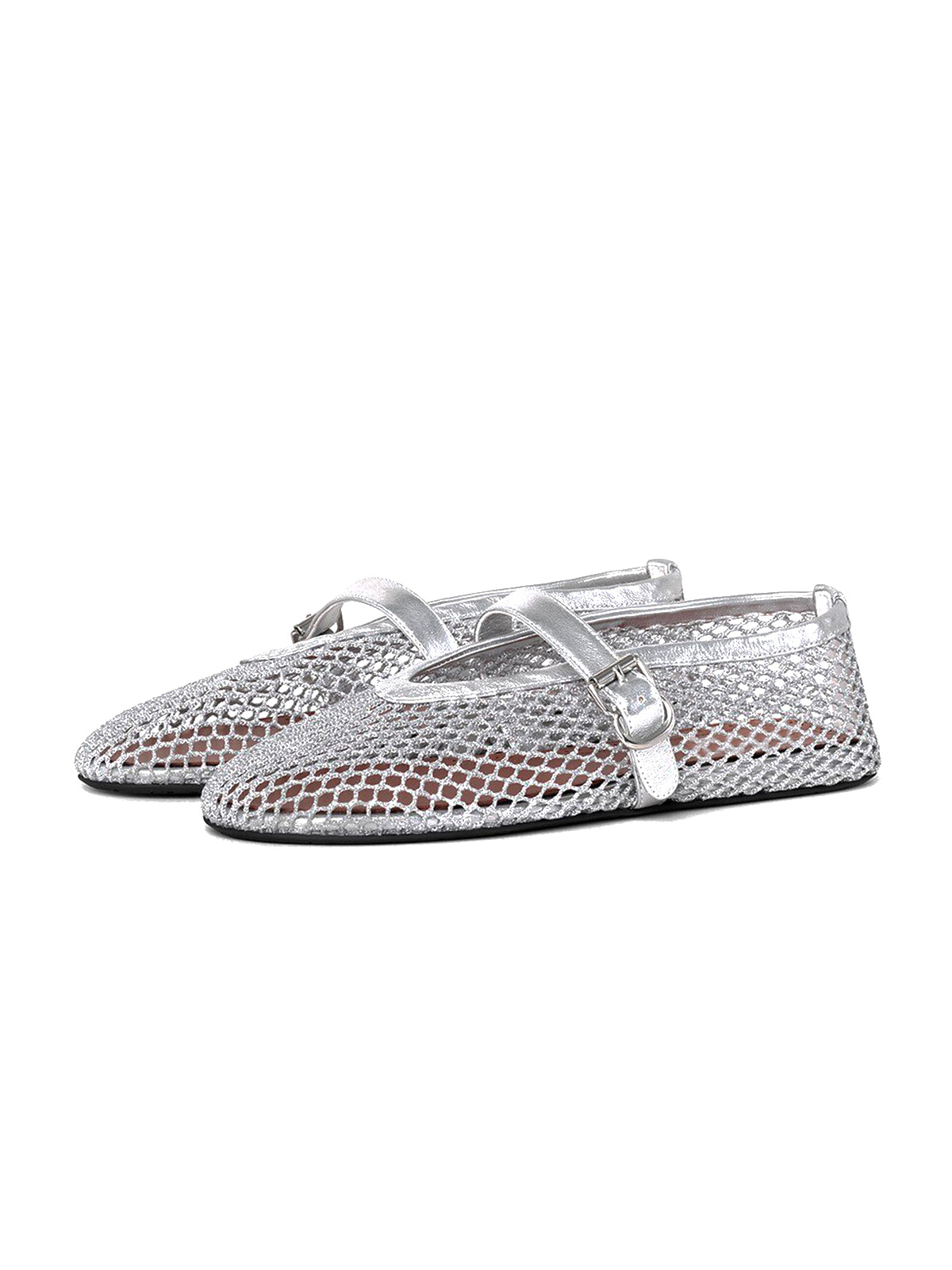 Metallic Silver Mesh And Vegan Leather Round-Toe Buckle Bridge Strap Flats