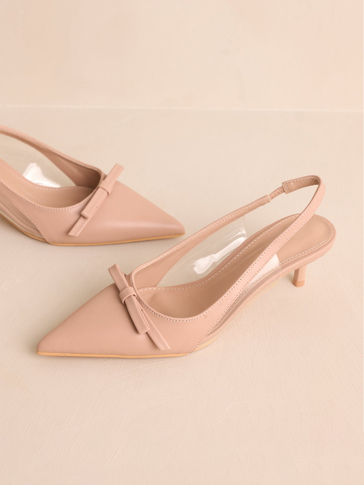 Beige Pointed-Toe Front Bow Slingback Kitten Heels With Transparent Film TPU