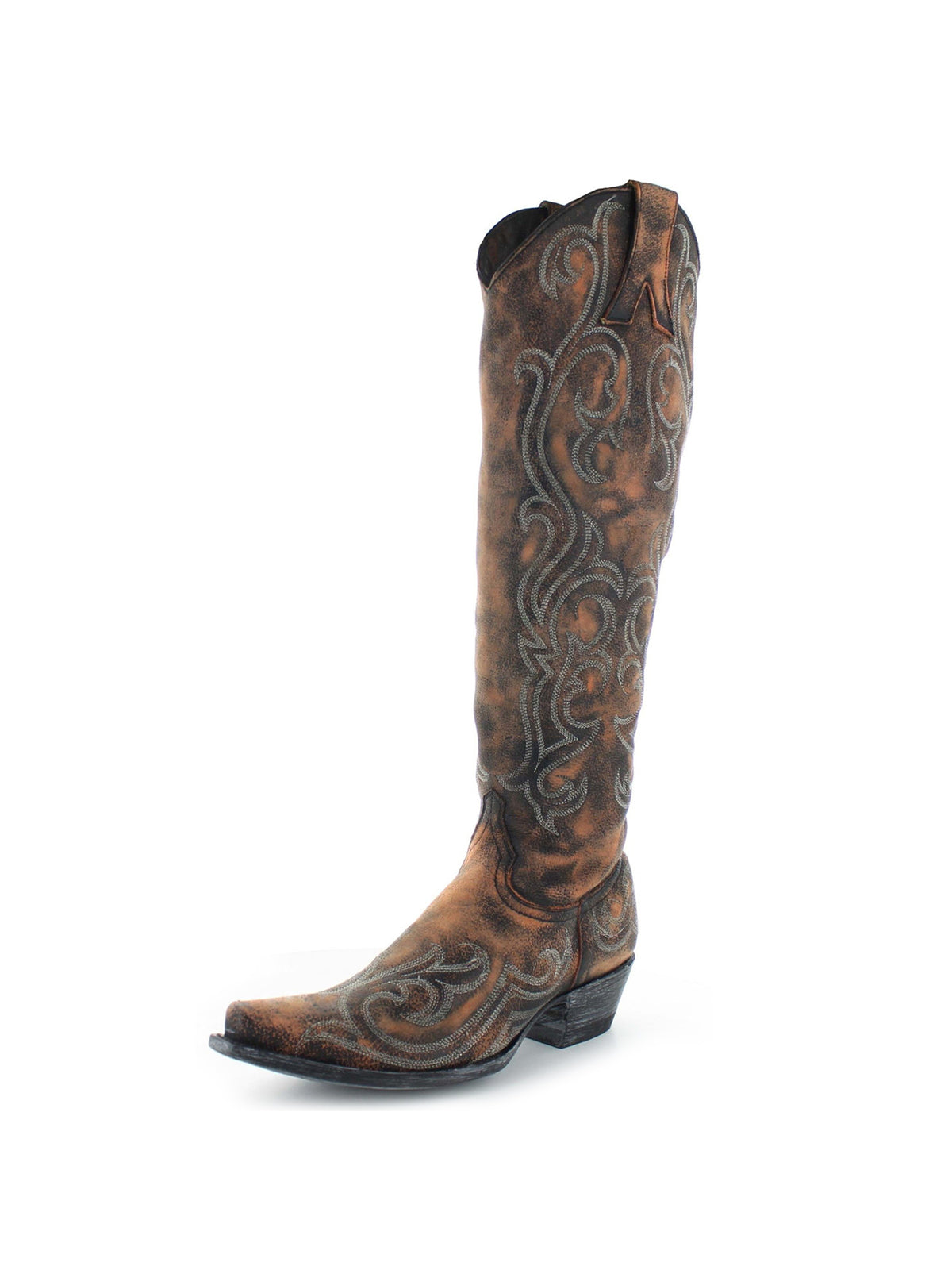 Distressed Brown Snip-Toe Delicate Embroidery Half-Zip Knee High Cowgirl Boots