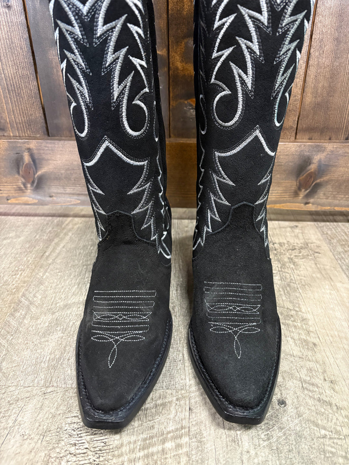 Black Faux Suede Snip-Toe Classic Embroidery Wide Calf Knee High Cowgirl Boots