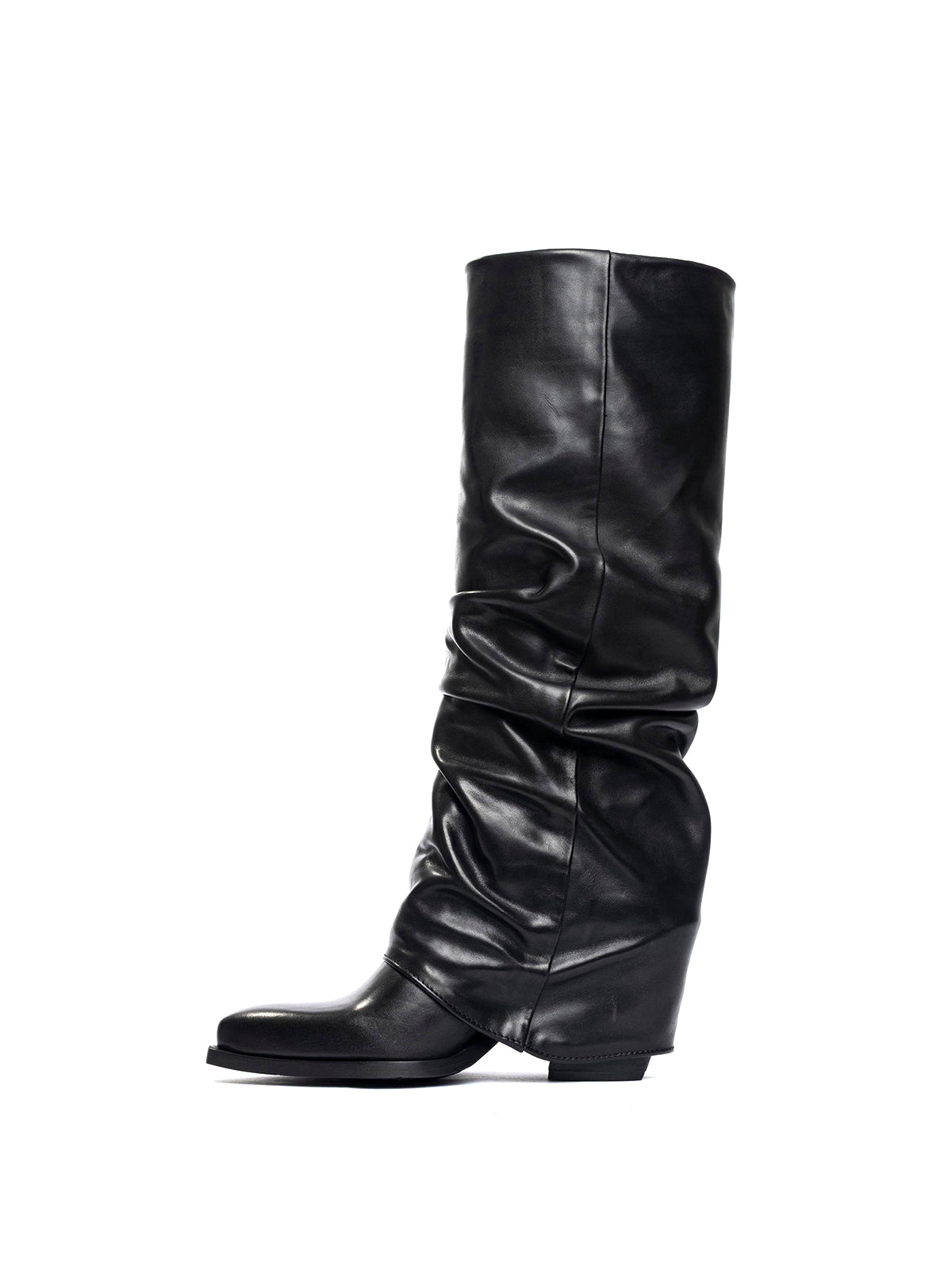 Black Snip-Toe Fold-Over Wide Calf Tall Knee High Cowgirl Boots