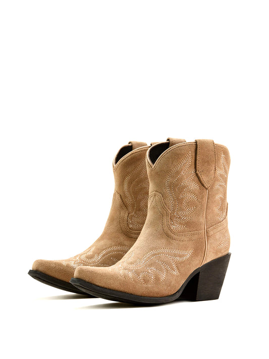 Taupe Faux suede Stitch Almond-Toe Cowgirl Short Ankle Western Boots