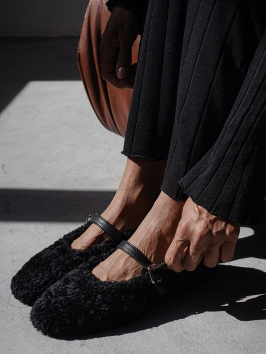 Black Plush Round-Toe Buckle Bridge Strap Classic Flats