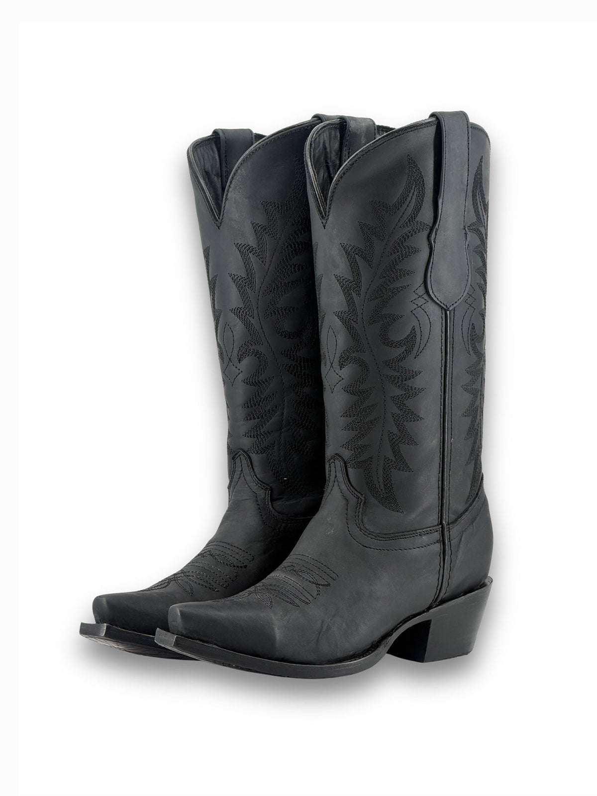 Black Vegan Leather Snip-Toe Embroidery Mid Calf Cowgirl Boots For Woman
