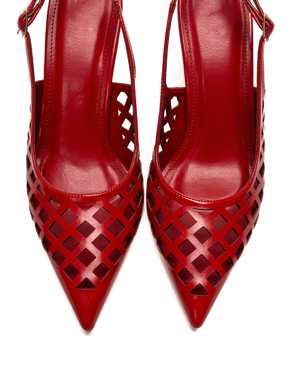 Red Pointed-Toe Cutout Chic Buckle Back Strap Kitten Heels