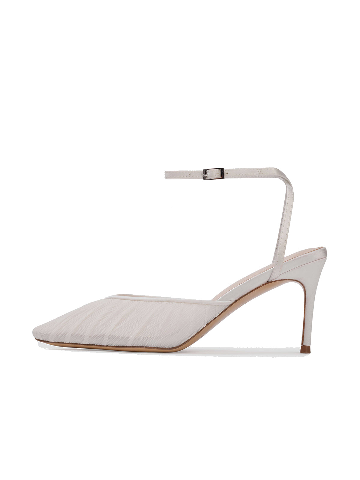 White Satin And Mesh Pointed-Toe Classic Ankle Strap High Heels