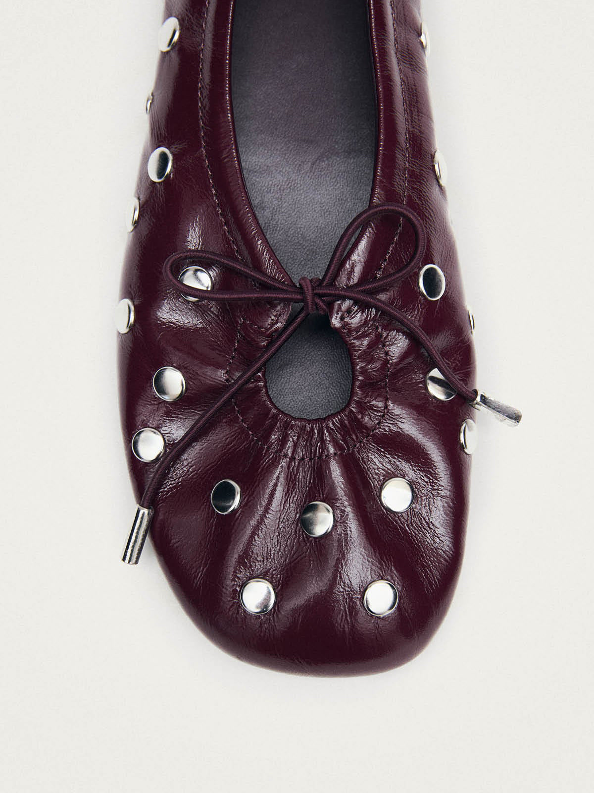 Patent Burgundy Square-Toe Full Studs And Front Bow Chic Ballet Flats