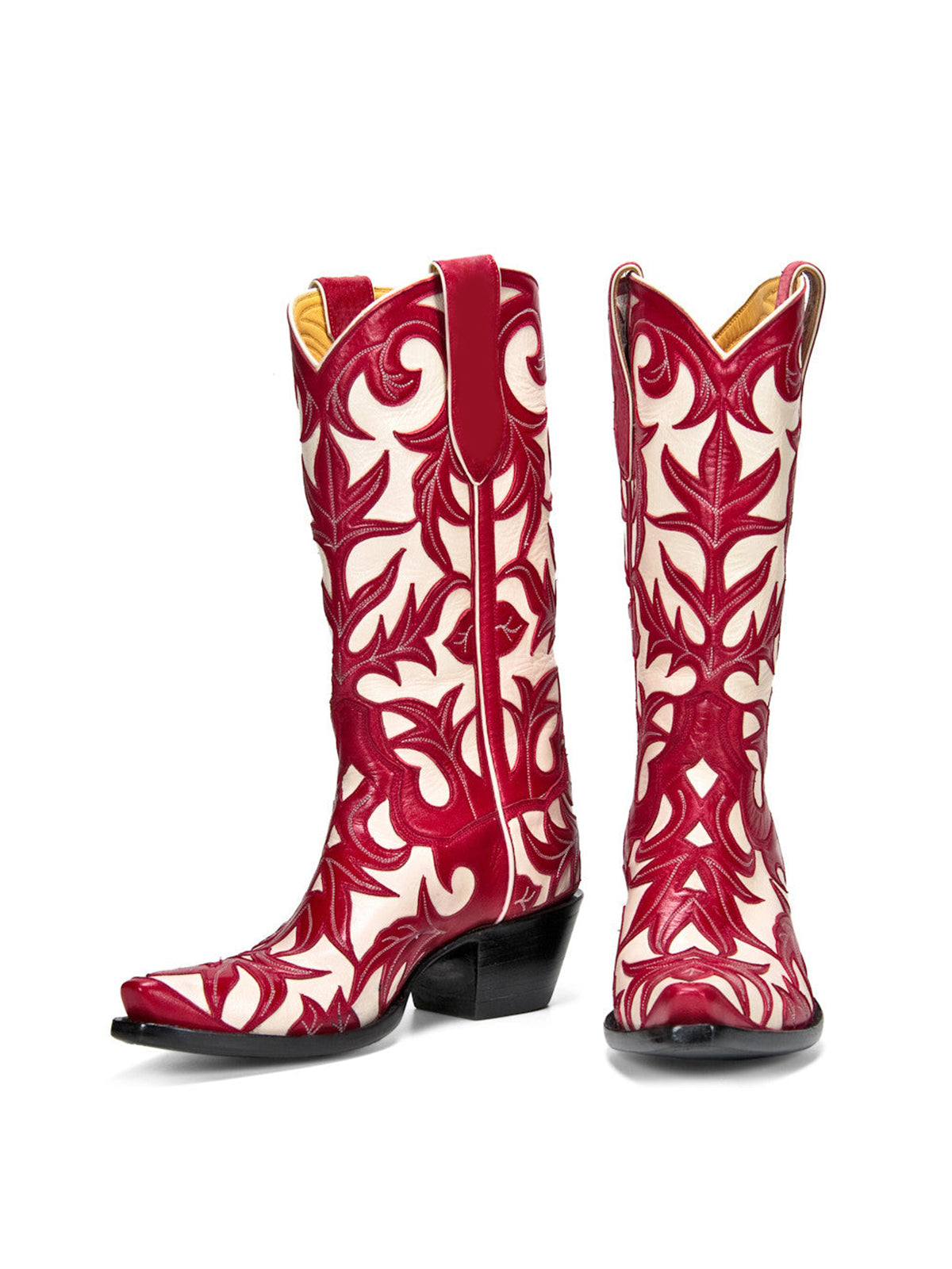 Contrast Red And White Snip-Toe Decorative Inlay Mid Calf Cowgirl Boots