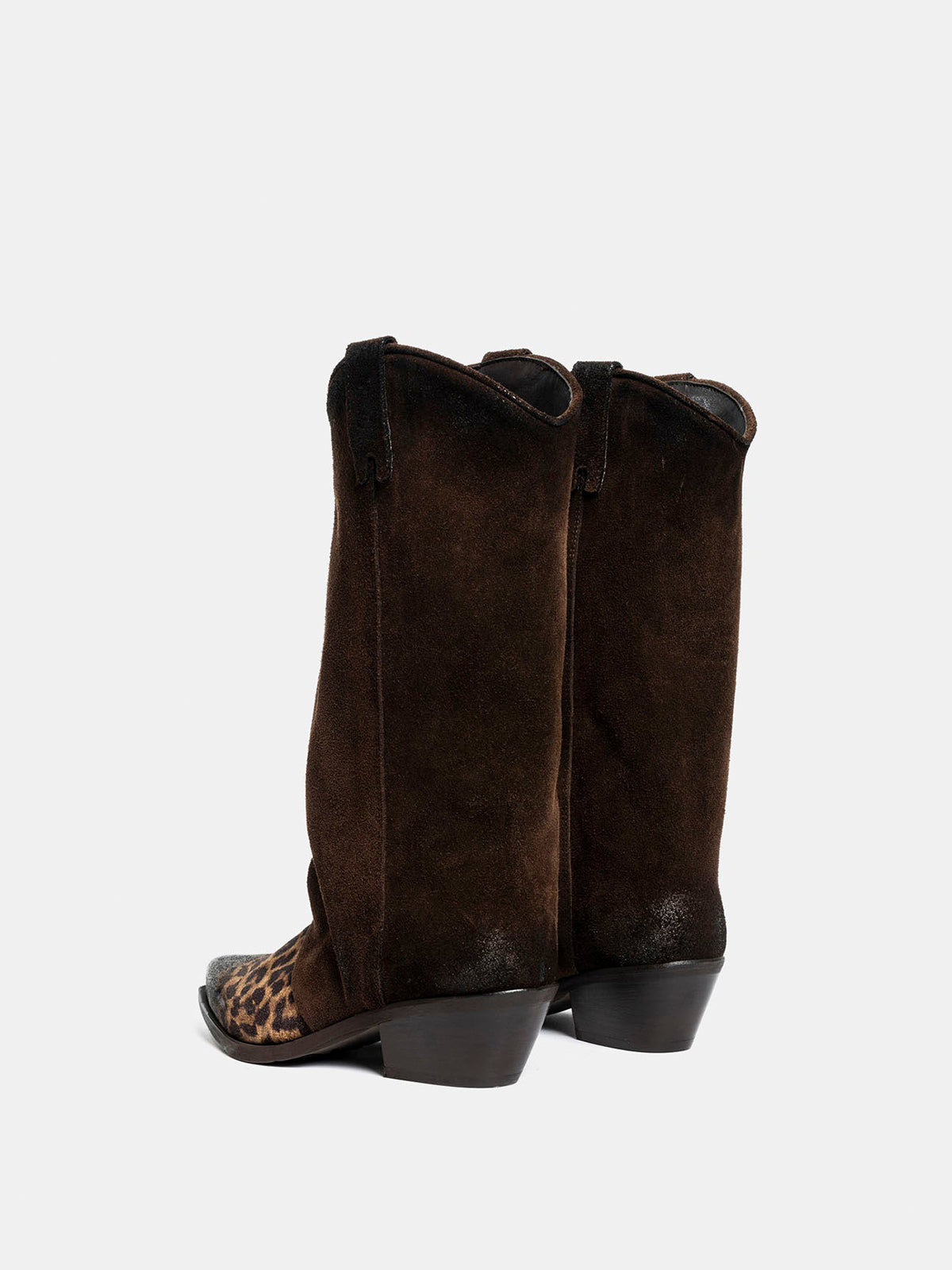 Contrast Dark Brown And Leopard Faux Suede Snip-Toe Simple Mid Calf Cowgirl Boots