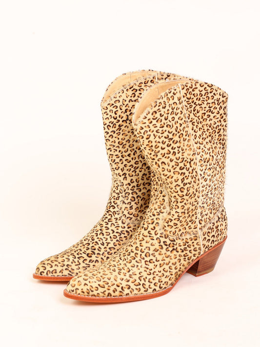 Light Leopard Print Round-Toe Back Full-Zip Simple Cowgirl Boots