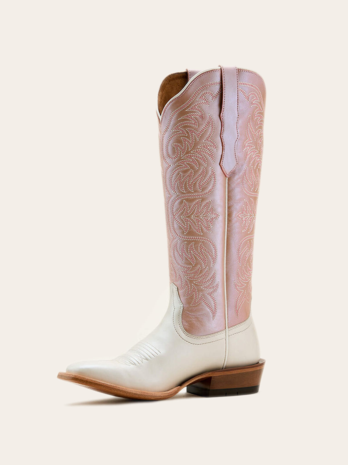 Contrast Ivory And Metallic Pink Square-Toe Embroidery Wide Mid Calf Cowgirl Boots