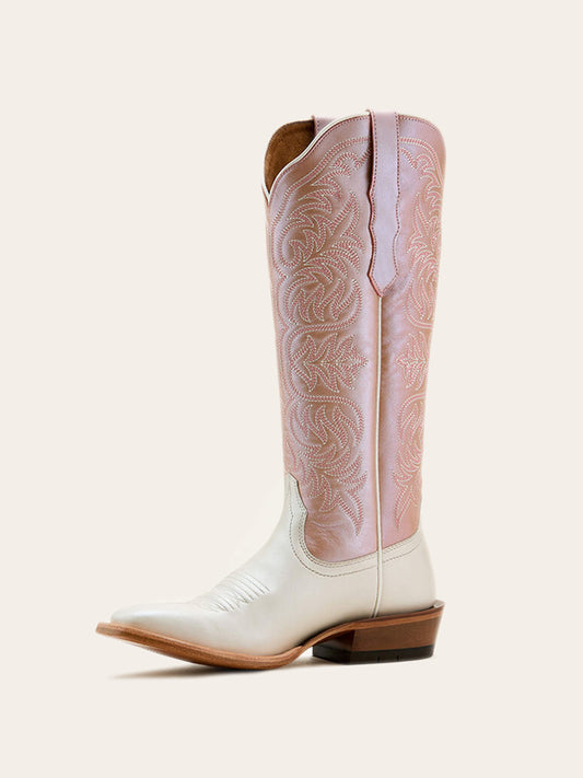 Contrast Ivory And Metallic Pink Square-Toe Embroidery Wide Mid Calf Cowgirl Boots