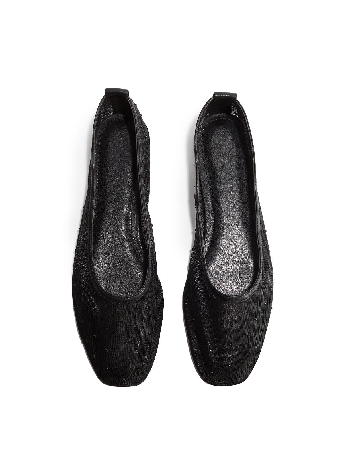 Rhinestone Mesh Square-Toe Ballet Flats - Black
