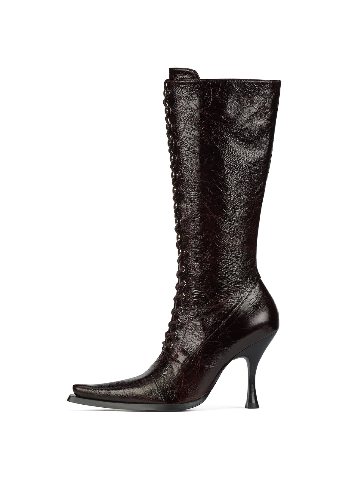 Wine Red Crinkle Pointed-Toe Front Lace-Up And Full-Zip Knee High Stiletto Boots