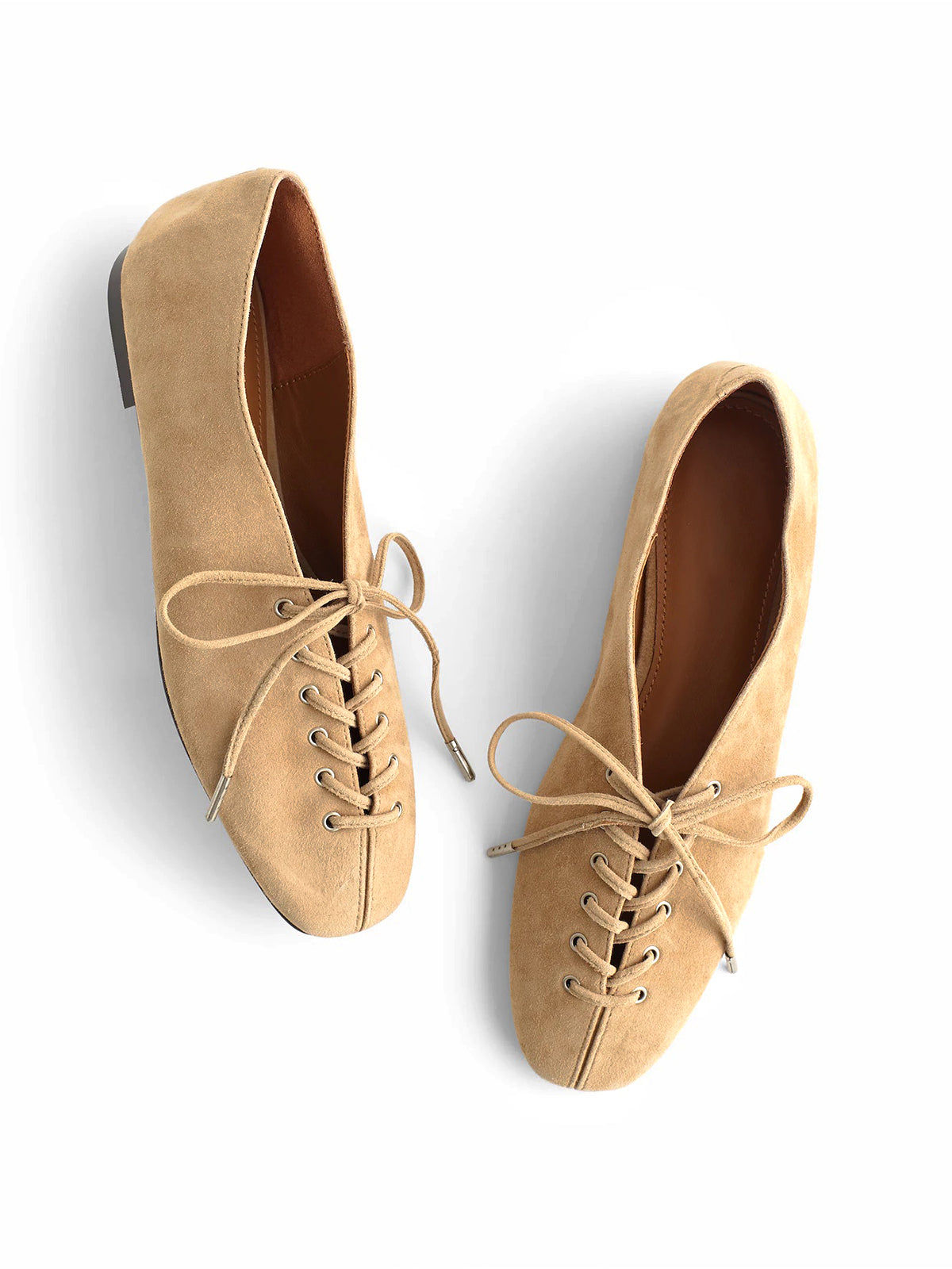 Tan Faux Suede Square-Toe Chic Lace-Up Slip-On Flats