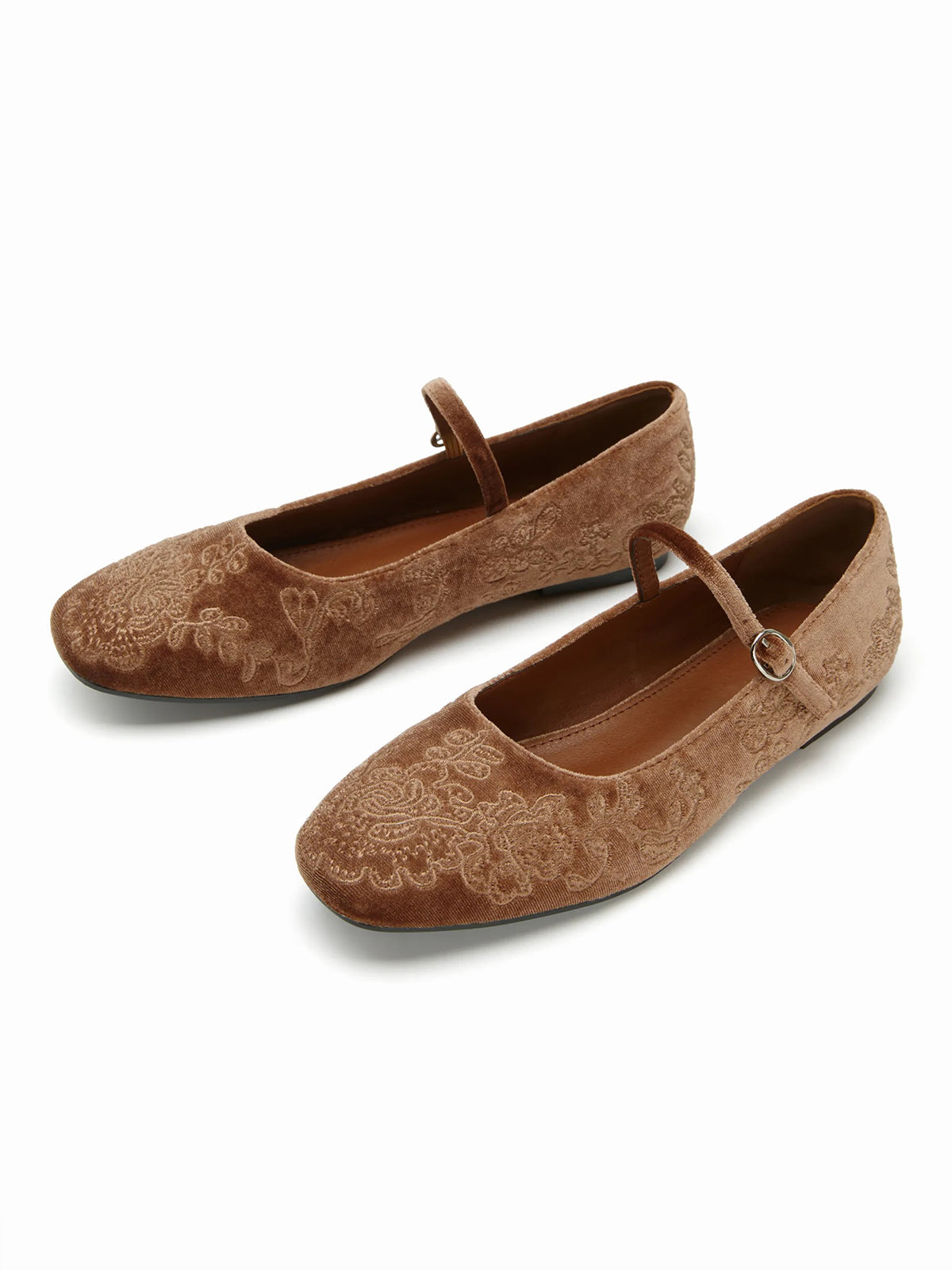 Brown Velvet Square-Toe Chic Mary Jane Ballet Flats