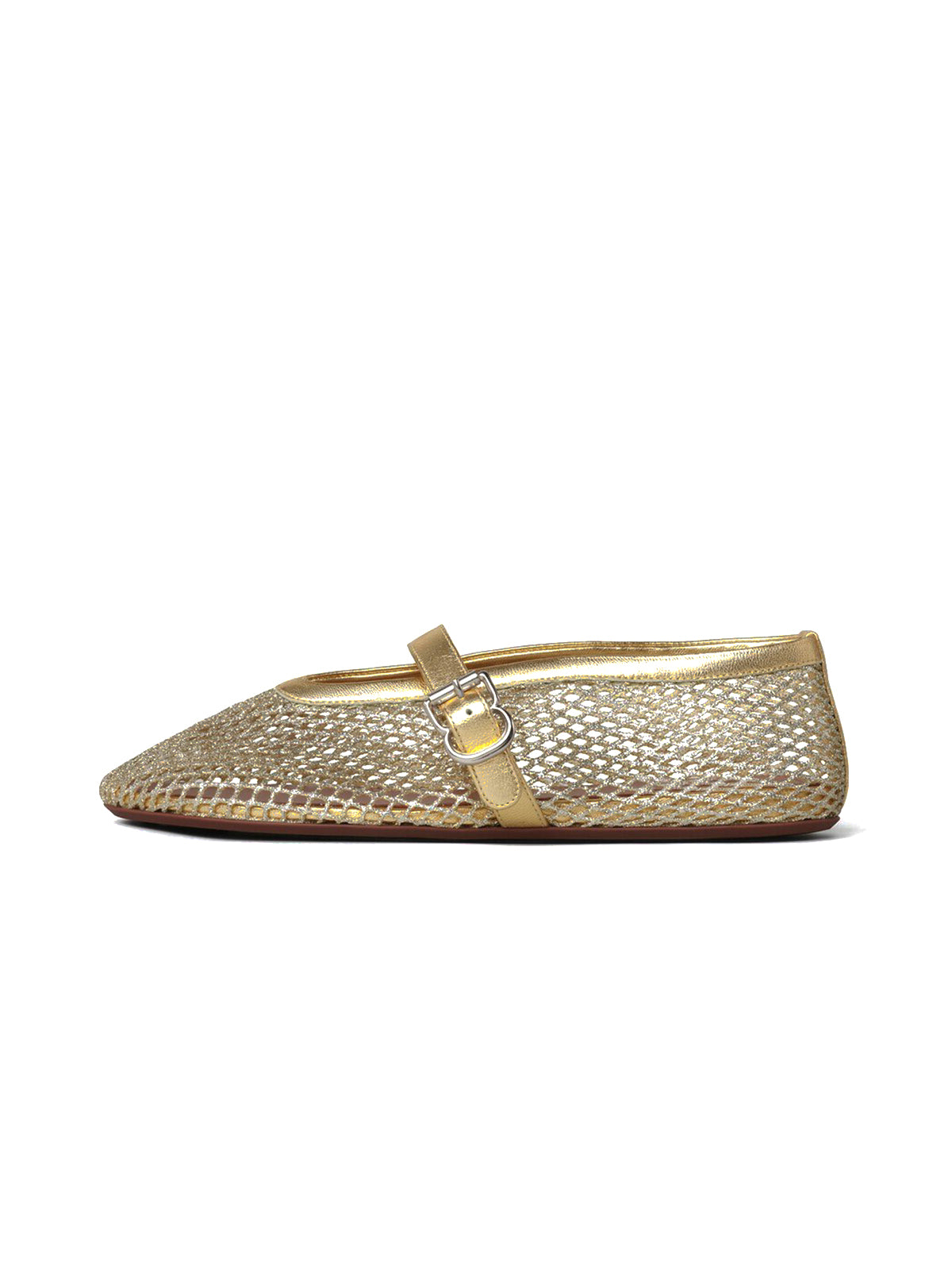 Metallic Gold Mesh And Vegan Leather Round-Toe Buckle Bridge Strap Flats