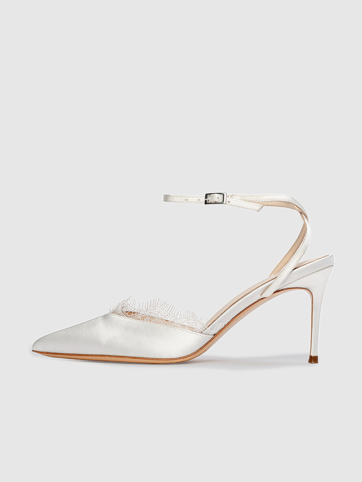White Satin Pointed-Toe Lace Upper Ankle Strap High Heels