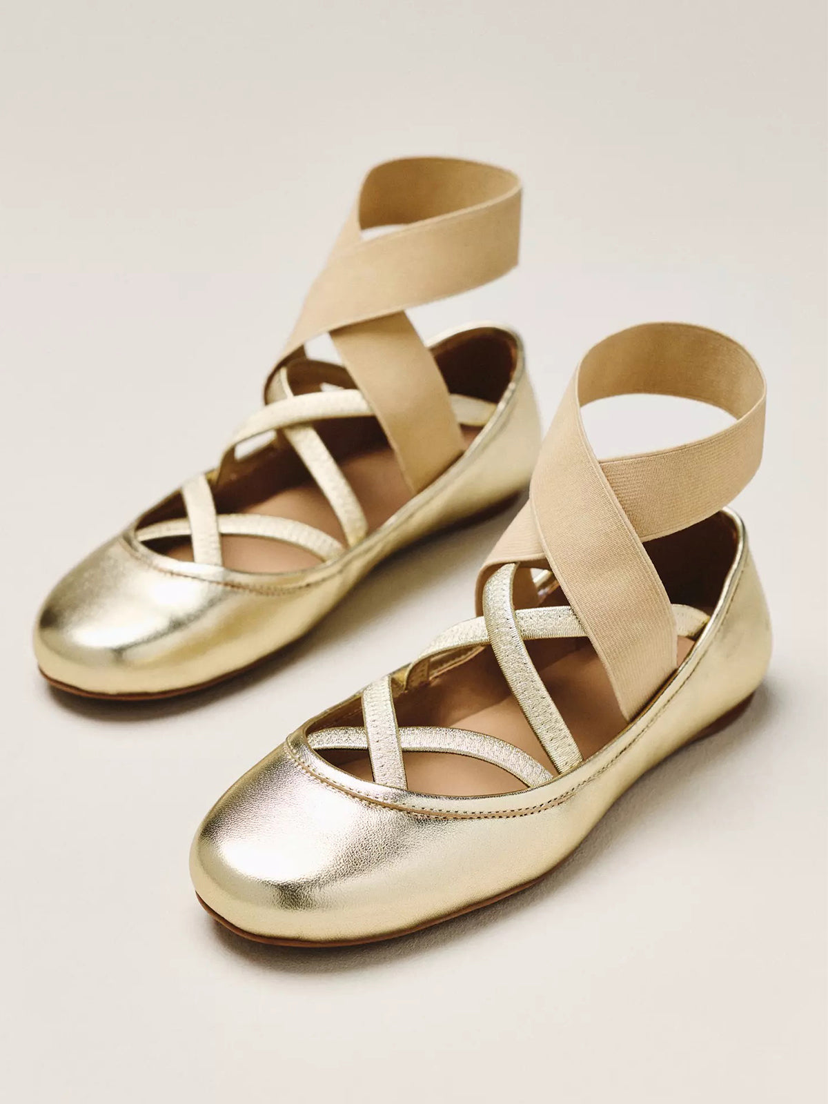 Metallic Champagne Round-Toe Strappy And Ankle Wrap Strap Ballet Flats