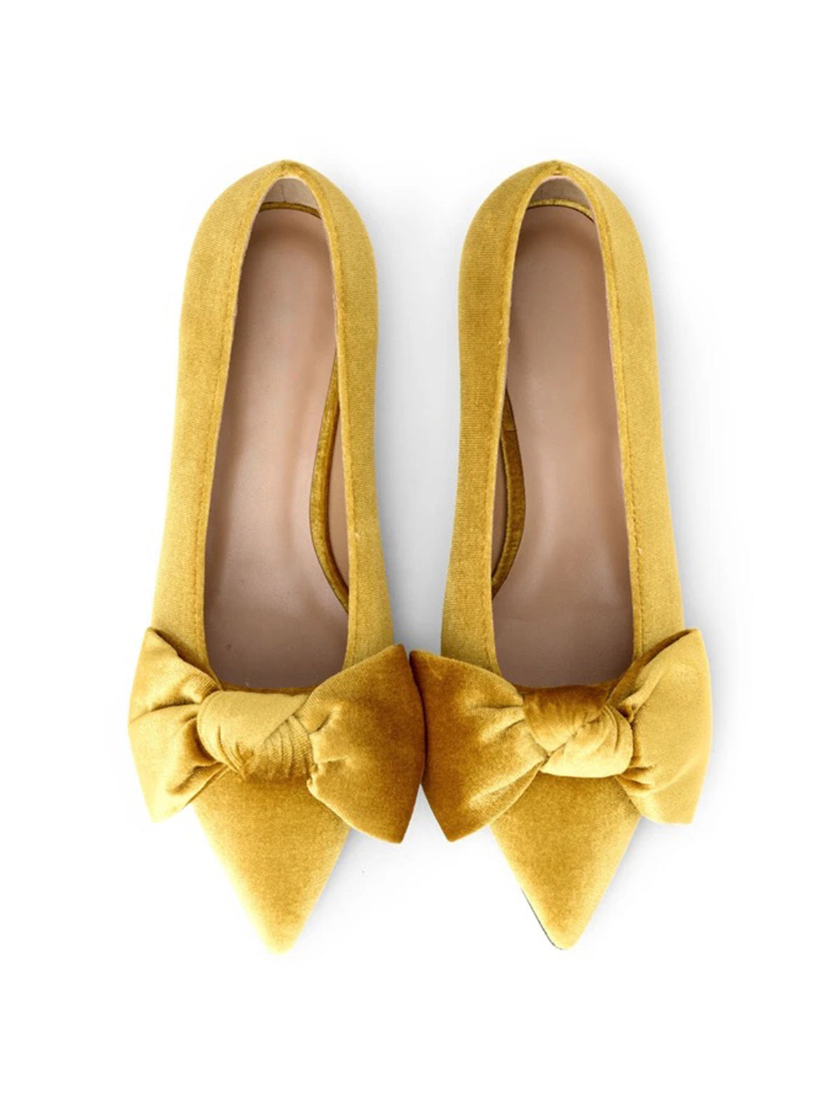 Yellow Velvet Pointed-Toe Front Oversized Bow Slip-On Kitten Heels