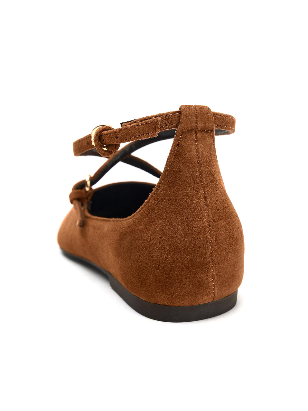 Brown Faux Suede Round-Toe Buckle Ankle Strap Ballet Flats