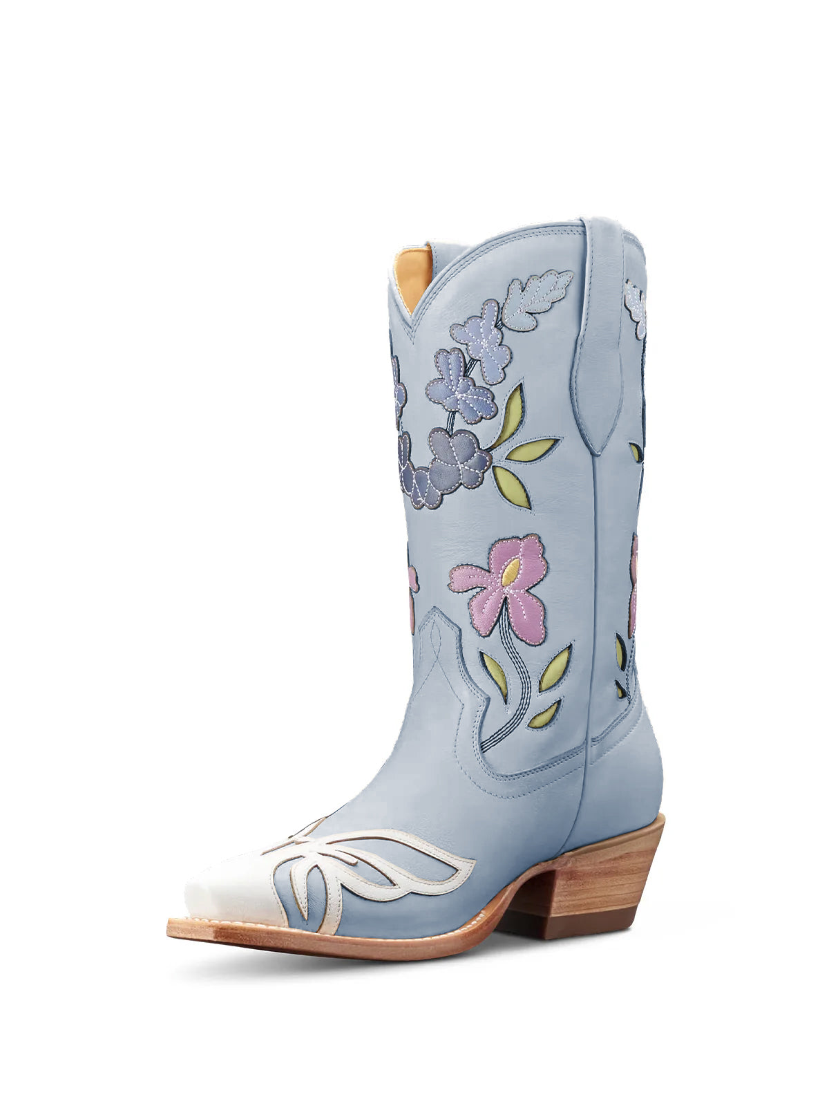Light Purple Snip-Toe Flower Applique Mid Calf Pull On Cowgirl Boots