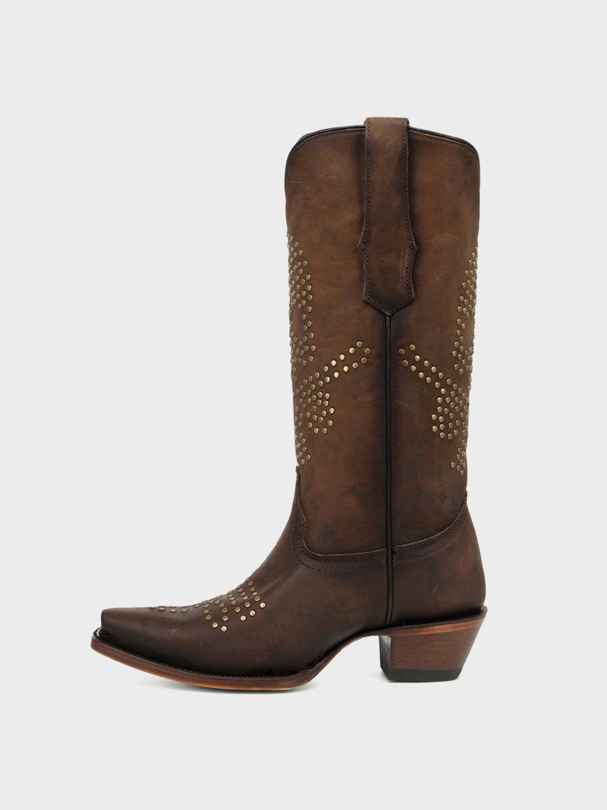 Brown Snip-Toe Skull Design With Studs Mid Calf Cowgirl Boots