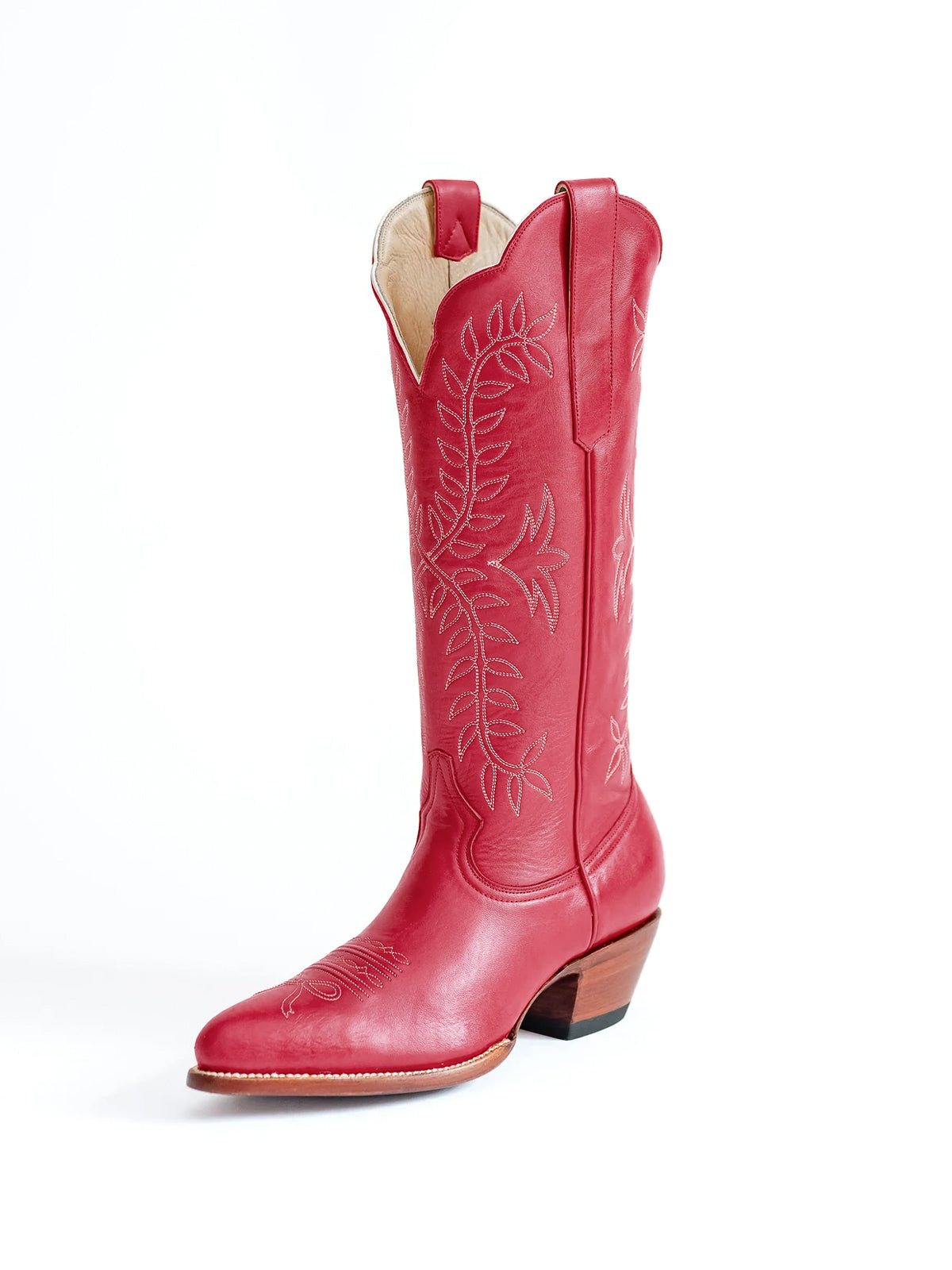Leaves Embroidery Almond-Toe Wide Knee High Cowgirl Boots - Watermelon Red