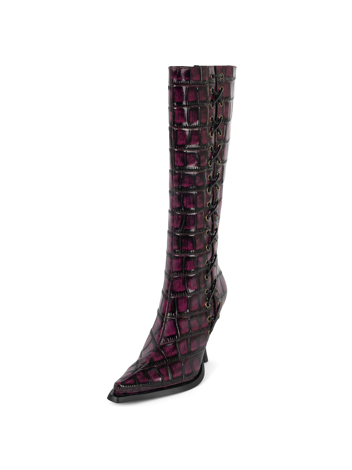 Wine Black Pointed-Toe Side Lace-Up And Full-Zip Wide Calf Knee High Stiletto Boots
