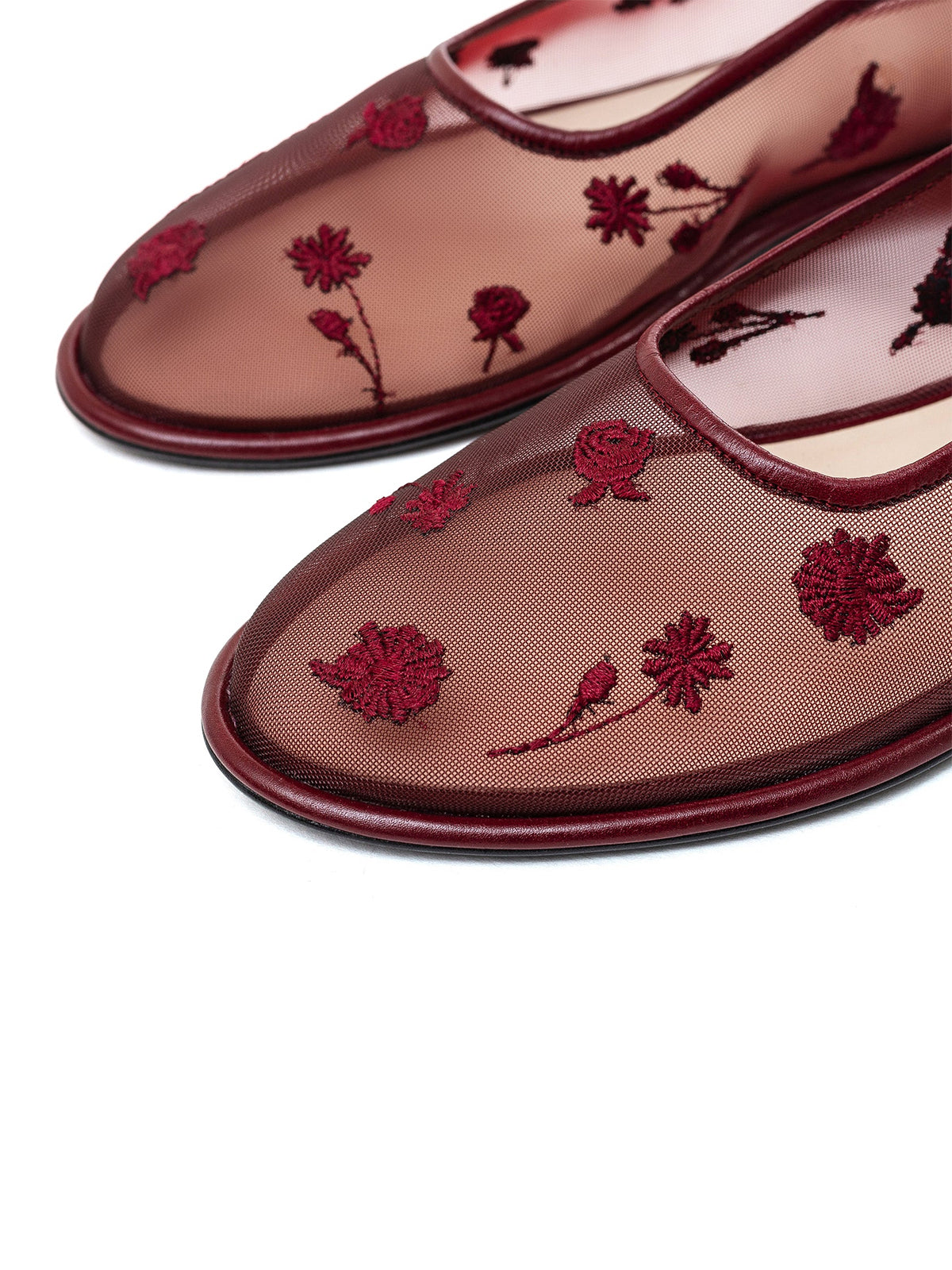 Burgundy Mesh Round-Toe Wildflowers Embroidery Mary Jane Ballet Flats