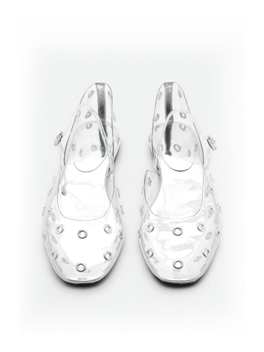 Transparent Film TPU Square-Toe Bridge Strap Flats With Eyelets