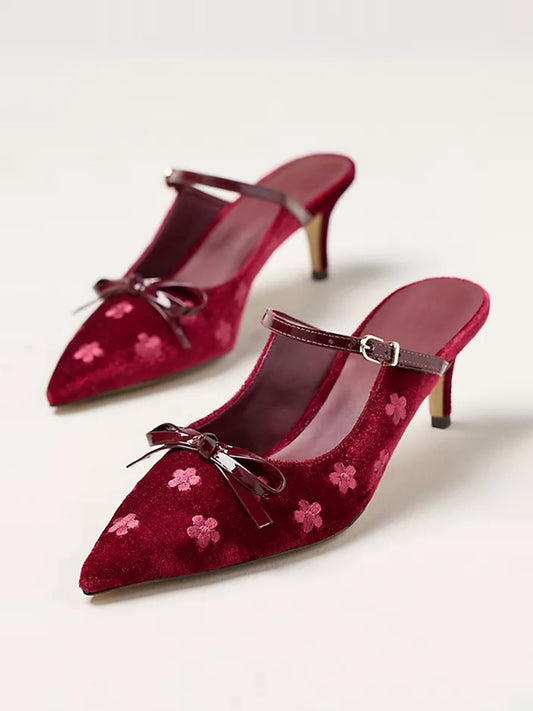 Red Velvet Pointed-Toe Flower Embroidery Patent Bridge Strap Kitten Heels With Bow