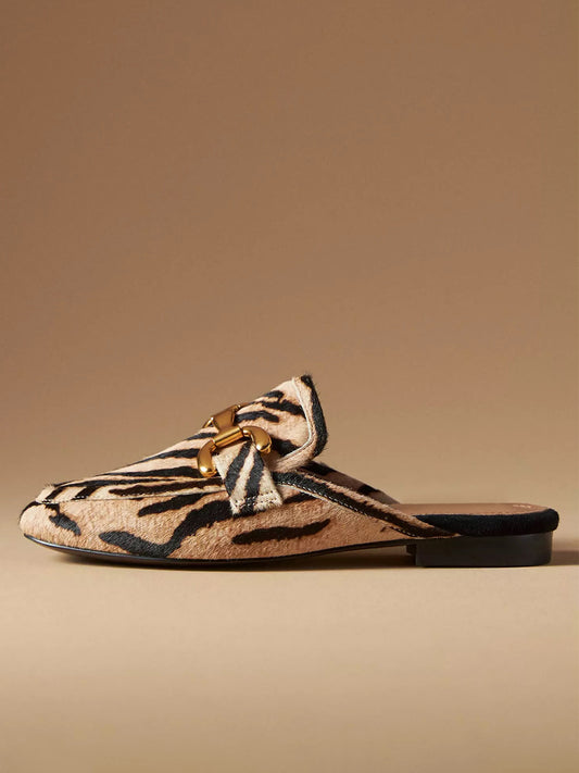 Zebra Print Square-Toe Slip-On Front Metal Detail Flats Loafers