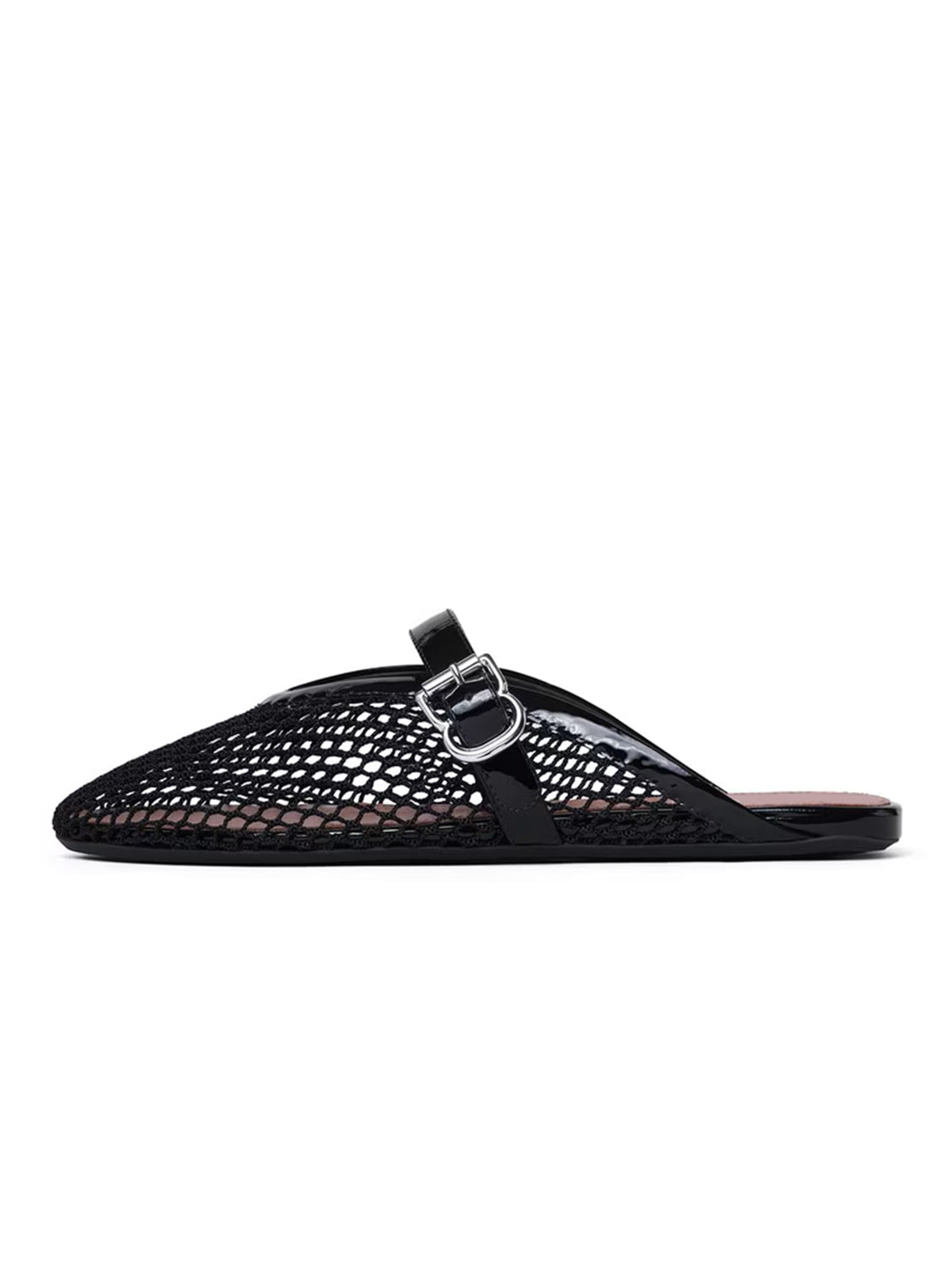 Patent Black And Mesh Round-Toe Middle Strap Backless Flats