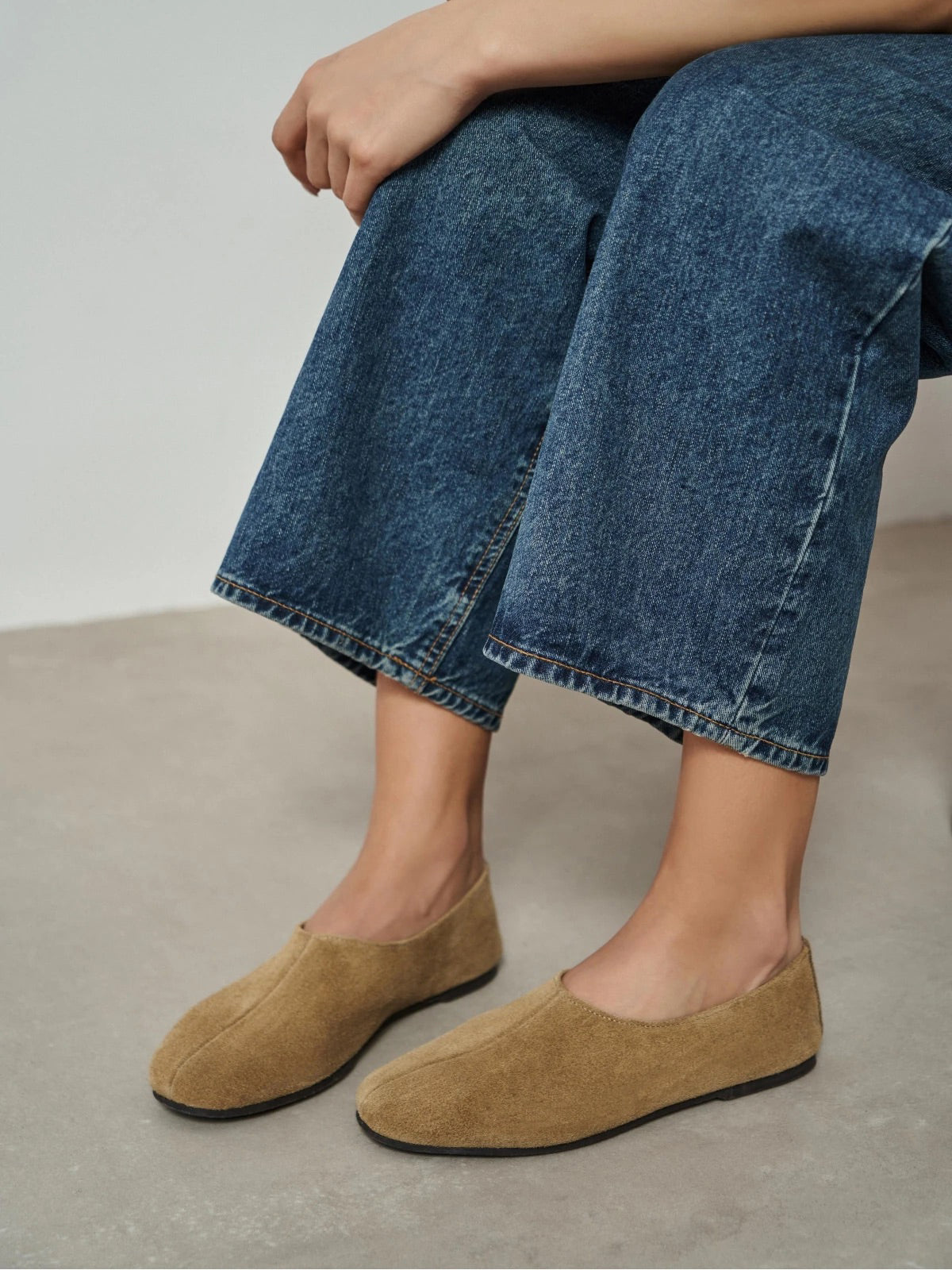 Camel Cow Suede Round-Toe Slip-On Simple Flats