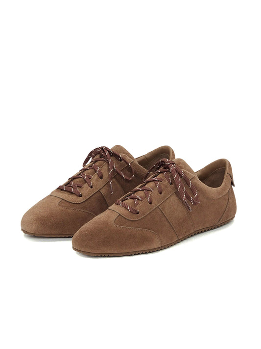 Brown Faux Suede Round-Toe Classic Lace-Up Chic Sneakers Flats