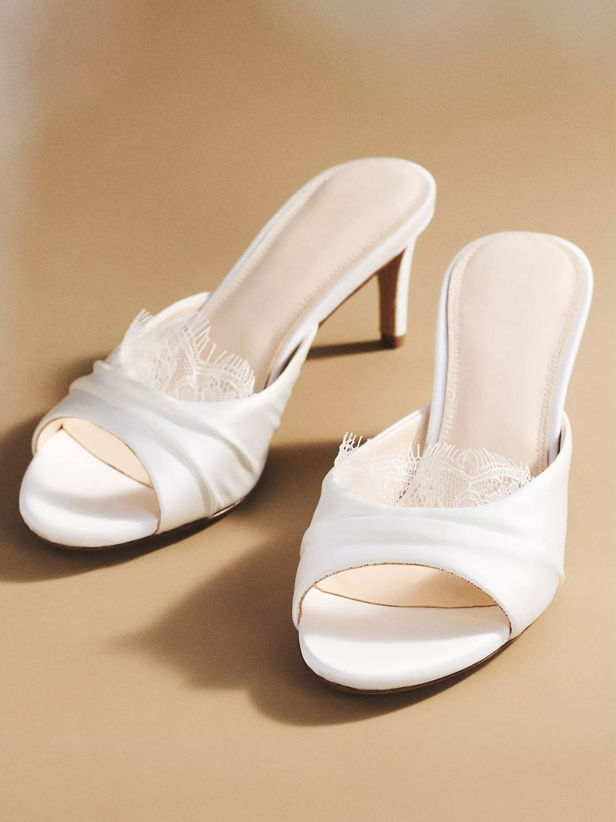 White Satin Lace Mesh Open Round-Toe Slip-On Backless High Heels
